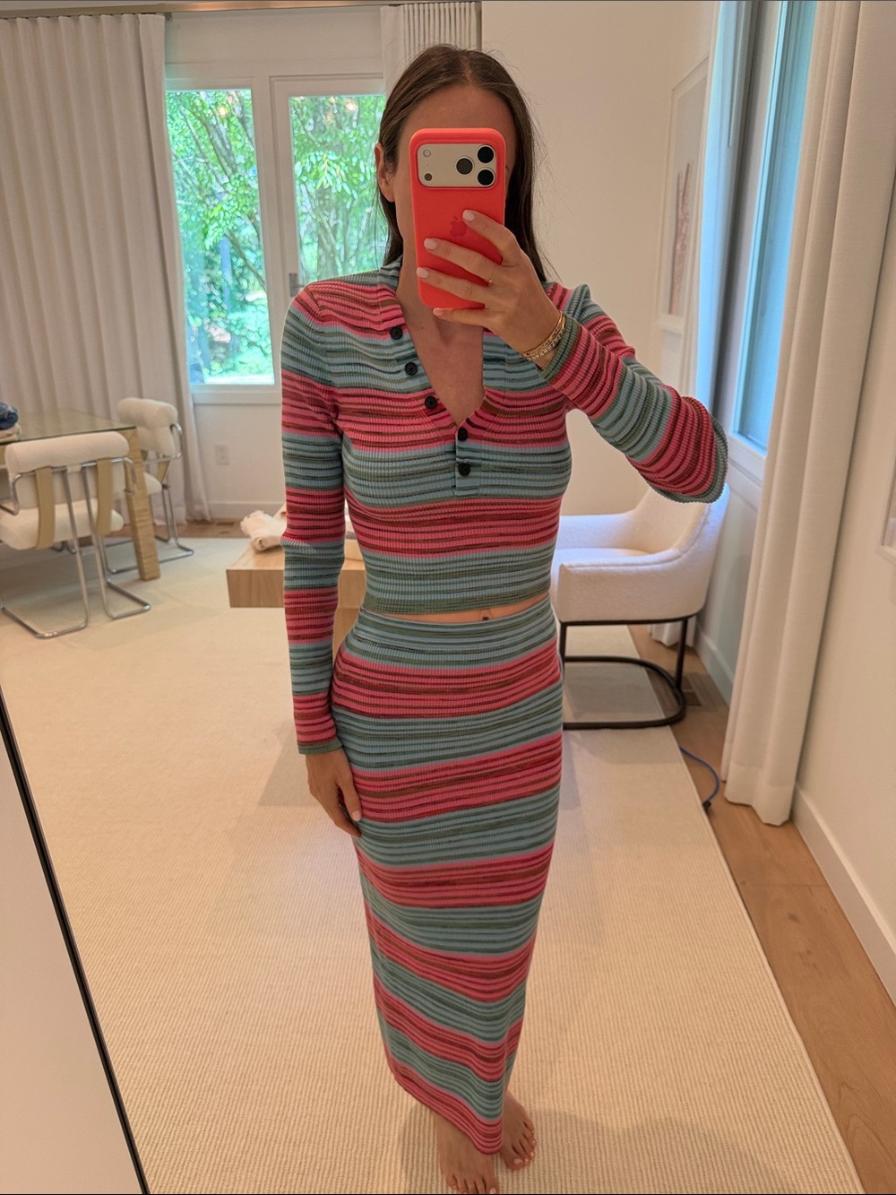 10 Crosby Derek Lam Pink and Blue Striped Ribbed Knit Skirt Set